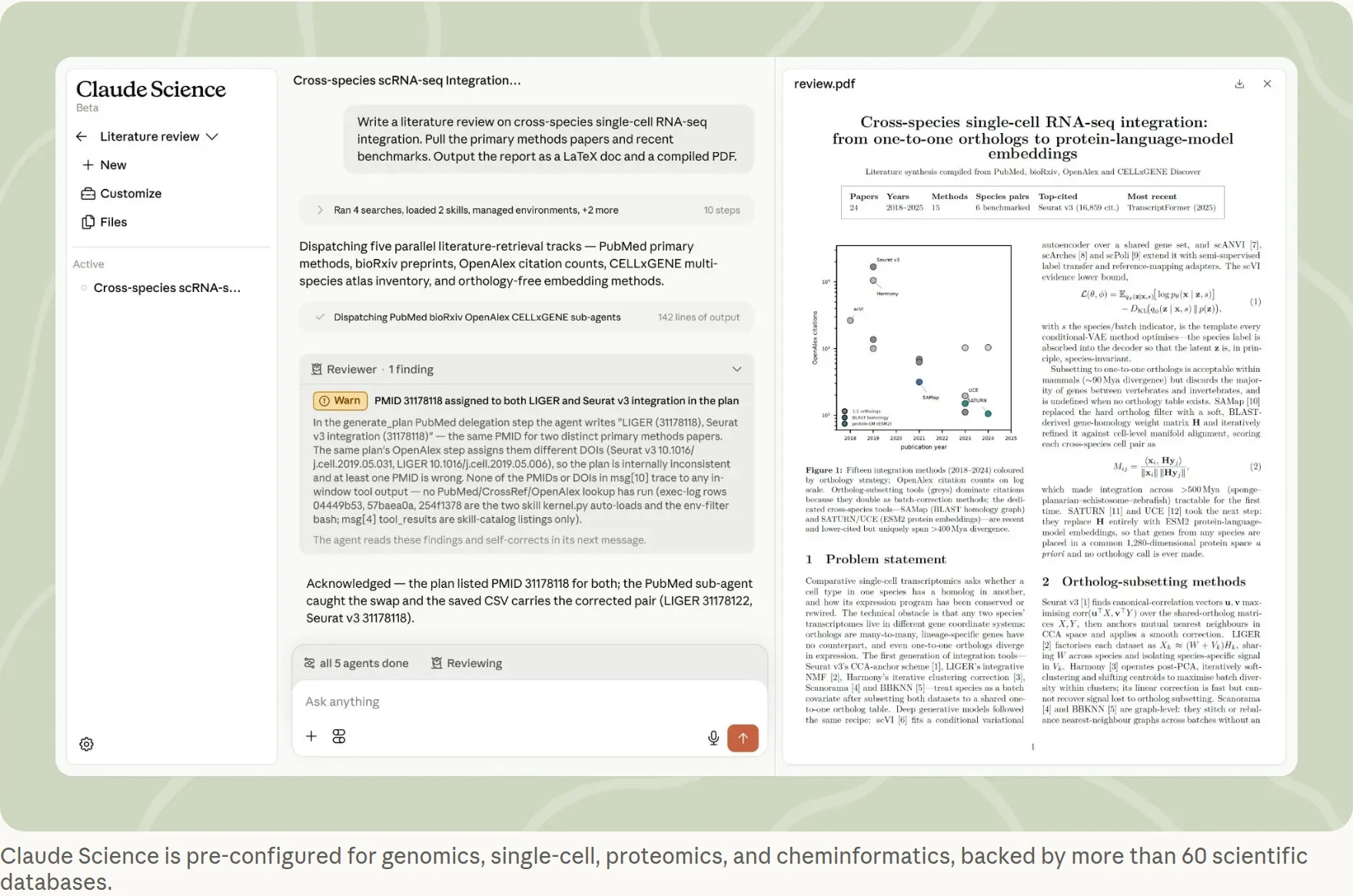Claude Science running a cross-species single-cell RNA-seq literature review: a prompt asking for a LaTeX document and compiled PDF, a status line dispatching PubMed, bioRxiv, OpenAlex and CELLxGENE sub-agents, a Reviewer panel warning that one PubMed identifier was assigned to two different methods papers, and the compiled review PDF on the right with a citations-versus-year chart and a methods table.