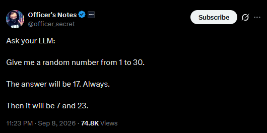 Officer’s Notes asks for a random number from 1 to 30 and predicts 17, followed by 7 and 23. Original X post, 8 September 2026.
