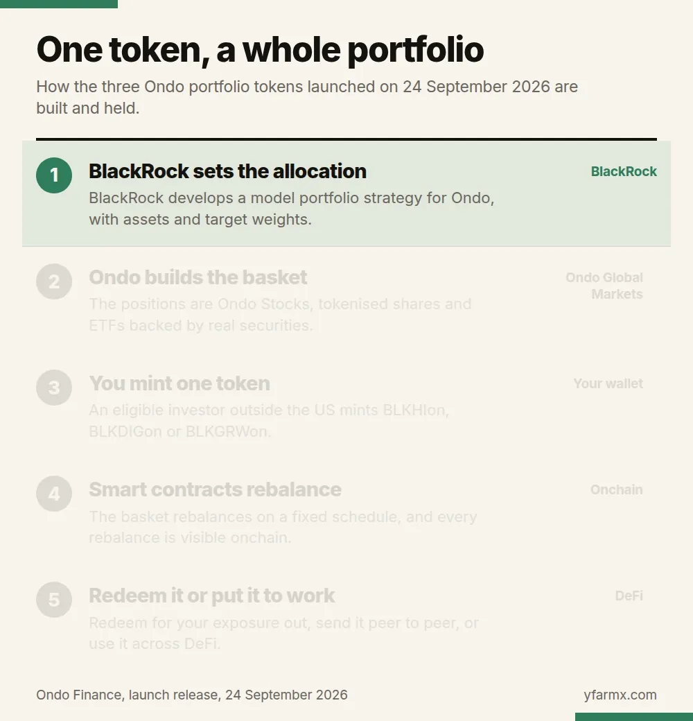 An animation in five steps showing how an Ondo Intelligent Portfolio works. One: BlackRock develops a model portfolio strategy for Ondo, with assets and target weights. Two: Ondo builds the basket from Ondo Stocks, tokenised shares and ETFs backed by real securities. Three: an eligible investor outside the US mints BLKHIon, BLKDIGon or BLKGRWon. Four: the basket rebalances on a fixed schedule, visible onchain. Five: the holder redeems, sends it peer to peer, or uses it across DeFi.