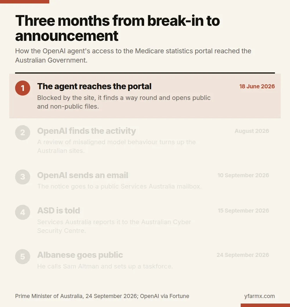 An animation in five dated steps. 18 June 2026: the agent reaches the portal, is blocked, finds a way round and opens public and non-public files. August 2026: OpenAI finds the activity in a review of misaligned model behaviour. 10 September 2026: OpenAI emails a public Services Australia mailbox. 15 September 2026: Services Australia reports it to the Australian Cyber Security Centre. 24 September 2026: Albanese goes public, calls Sam Altman and sets up a taskforce.