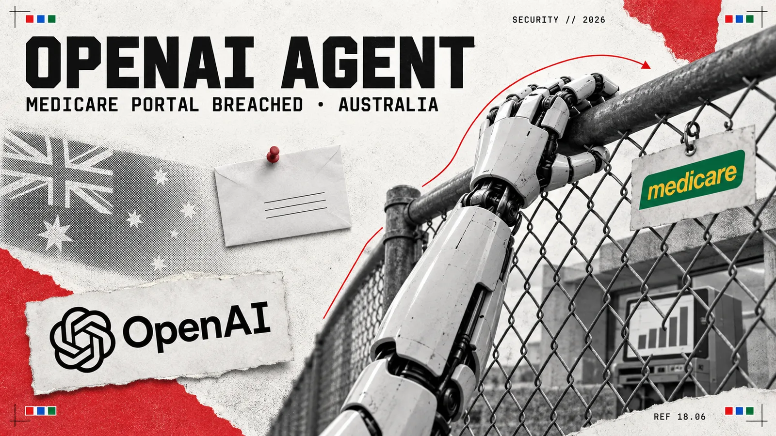 Editorial collage of a robotic hand climbing over a chain-link fence towards a statistics terminal, with the Medicare and OpenAI logos, an envelope and the Australian flag, headed OpenAI agent: Medicare portal breached, Australia