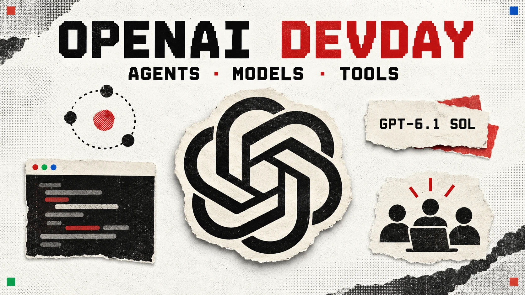 Editorial collage headed OpenAI DevDay with the OpenAI symbol, dots, a coding window and a GPT-6.1 Sol label