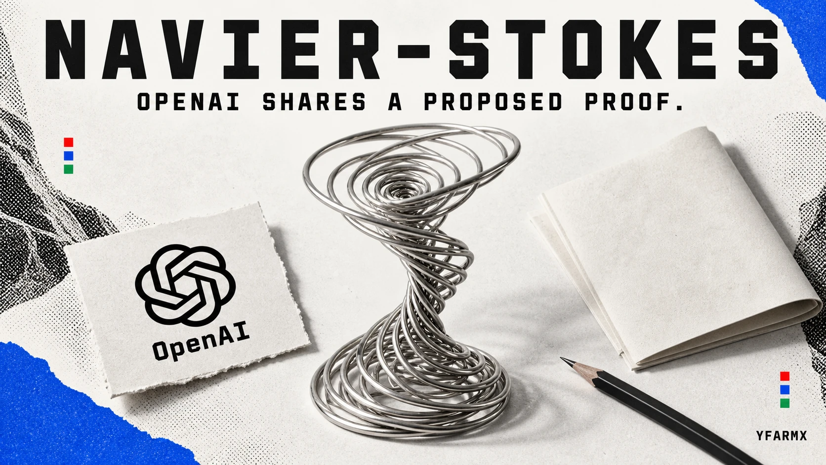 A silver vortex sculpture, mathematics manuscript and OpenAI logo on blue-accented newsprint.