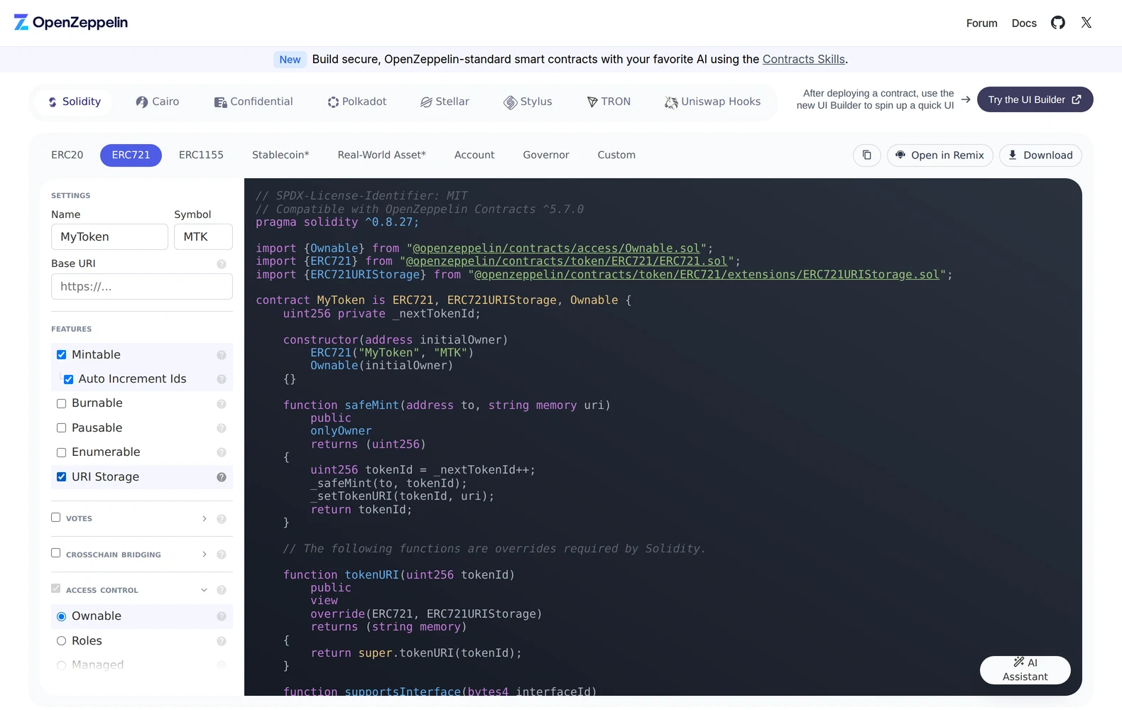 The OpenZeppelin Contracts Wizard on the ERC721 tab with Mintable, Auto Increment Ids and URI Storage ticked, and the generated Solidity on the right showing a safeMint function that takes an address and a URI, with the Open in Remix button at the top.
