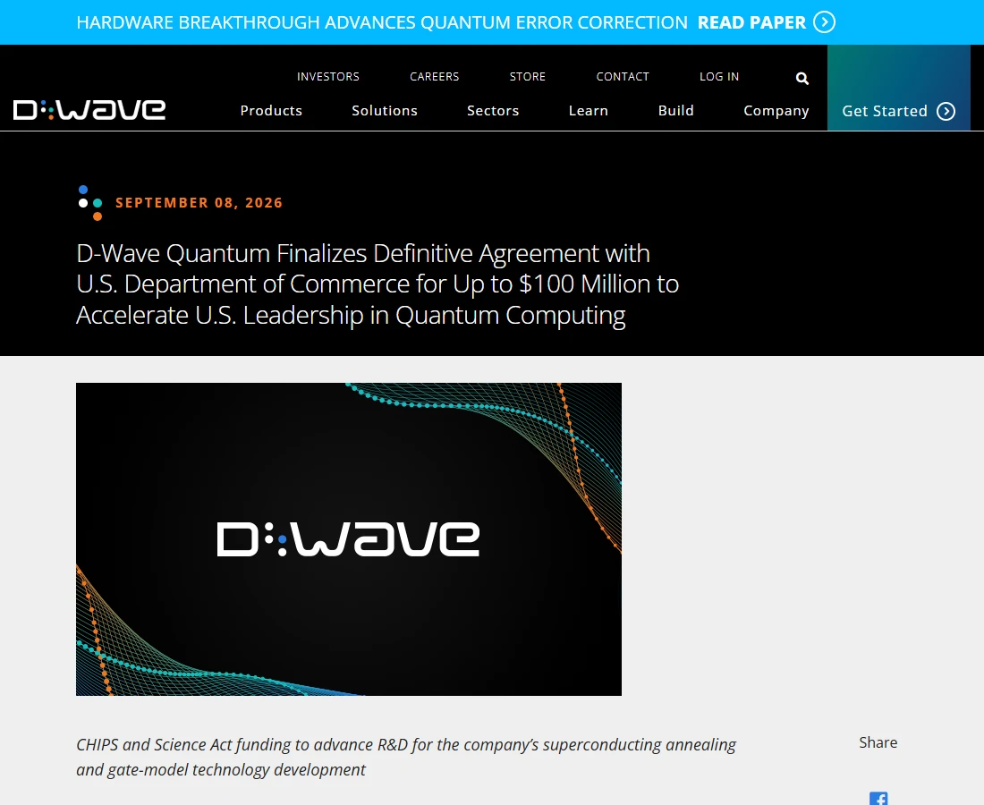 D-Wave's dated announcement of its final CHIPS funding agreement.