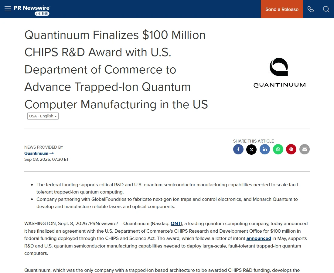 Quantinuum's official announcement naming its CHIPS award and manufacturing partners.