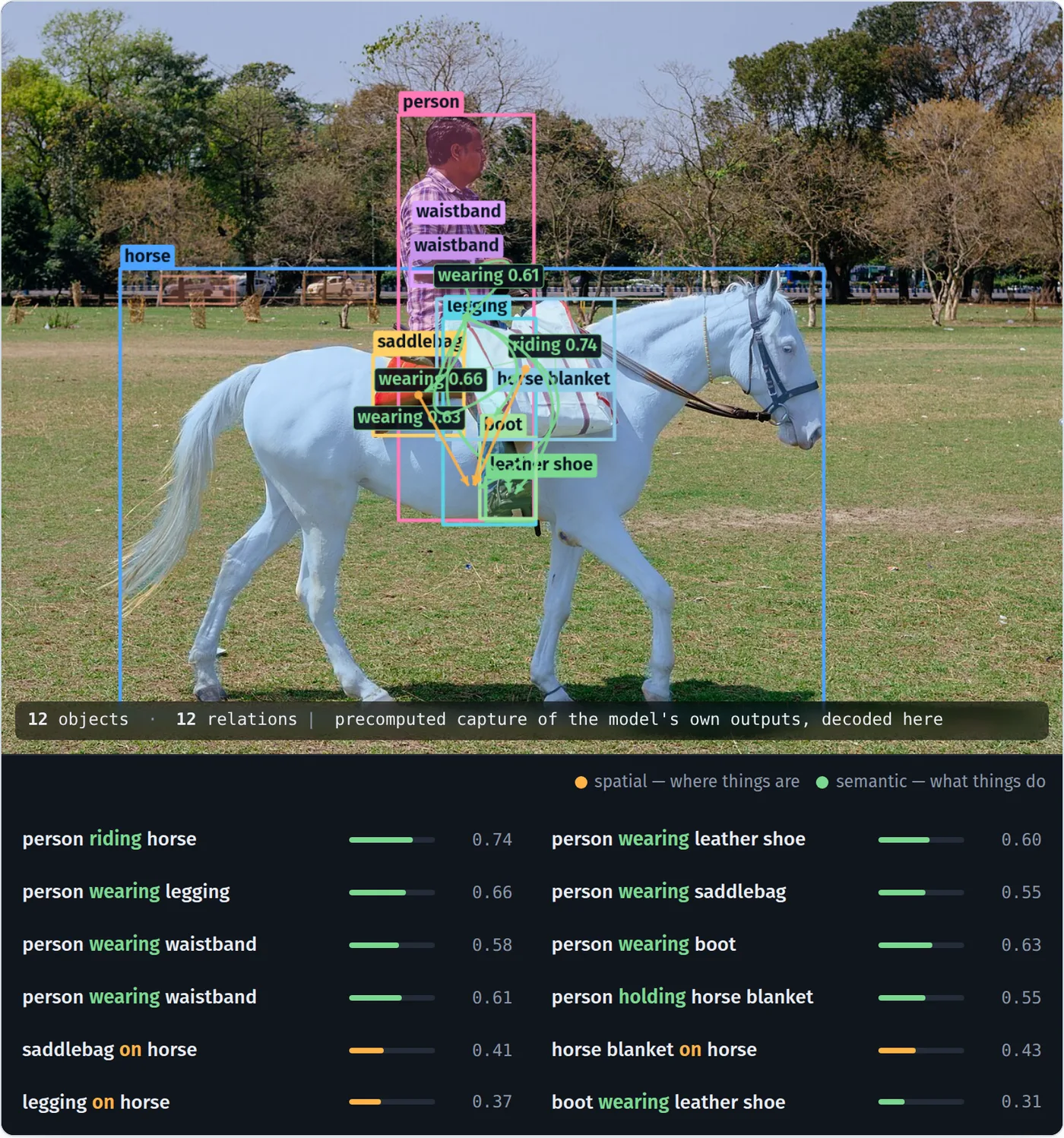 The RelateAnything browser demo running on a photograph of a man riding a white horse across a park in Kolkata. Twelve coloured boxes are drawn. Nine carry labels: the person, the horse, a horse blanket, a saddlebag, a legging, two waistbands, a boot and a leather shoe. Three unlabelled boxes sit around vehicles parked behind a fence in the background. Green arrows run between the labelled boxes carrying scores: riding 0.74, wearing 0.66, wearing 0.63, wearing 0.61. A bar underneath reads twelve objects, twelve relations, precomputed capture of the model's own outputs, decoded here. Below the image a list gives each relation with a confidence bar: person riding horse 0.74, person wearing legging 0.66, person wearing waistband 0.58, person wearing waistband 0.61, saddlebag on horse 0.41, legging on horse 0.37, person wearing leather shoe 0.60, person wearing saddlebag 0.55, person wearing boot 0.63, person holding horse blanket 0.55, horse blanket on horse 0.43, boot wearing leather shoe 0.31.