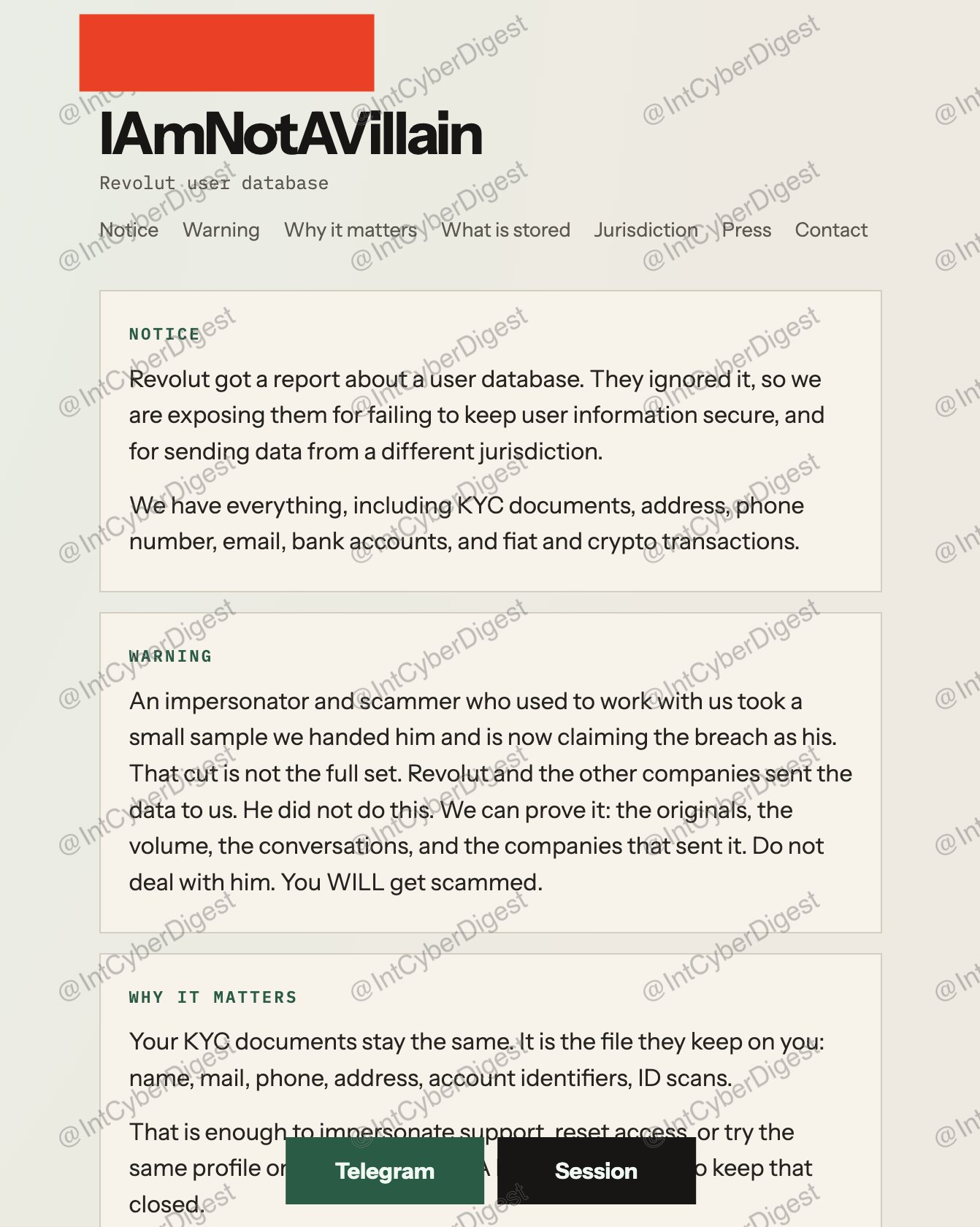 Website screenshot shared by International Cyber Digest, showing IAmNotAVillain branding and claims about Revolut customer records.