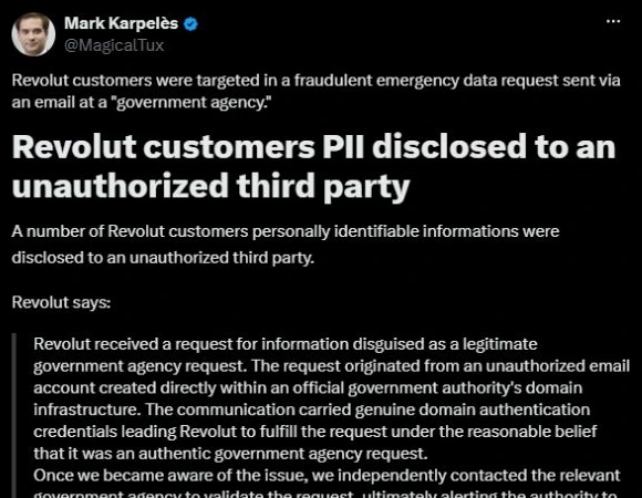Excerpt of Mark Karpelès’s original post reproducing Revolut’s customer notice.