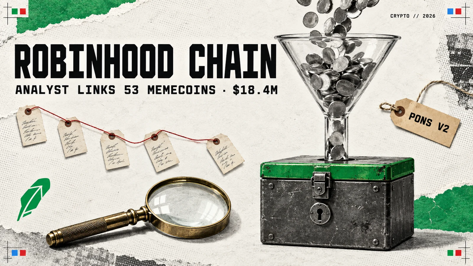 Editorial illustration of silver coins pouring through a large glass funnel into a steel strongbox with a green lid, beside a brass magnifying glass, a string of five paper wallet tags joined by red thread, a tag reading Pons V2 and the green Robinhood feather logo, under the headline ROBINHOOD CHAIN and the line ANALYST LINKS 53 MEMECOINS · $18.4M.