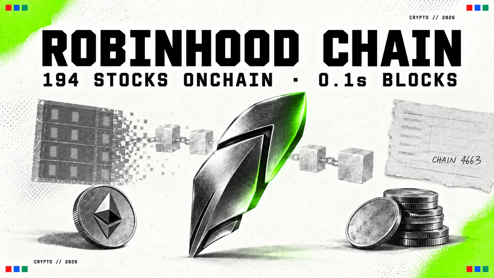 Editorial collage for Robinhood Chain: a machined metal feather lit green between chain-linked blocks, an Ethereum coin, a stack of plain coins and a torn note reading CHAIN 4663, under the headline ROBINHOOD CHAIN and the line 194 stocks onchain, 0.1s blocks.
