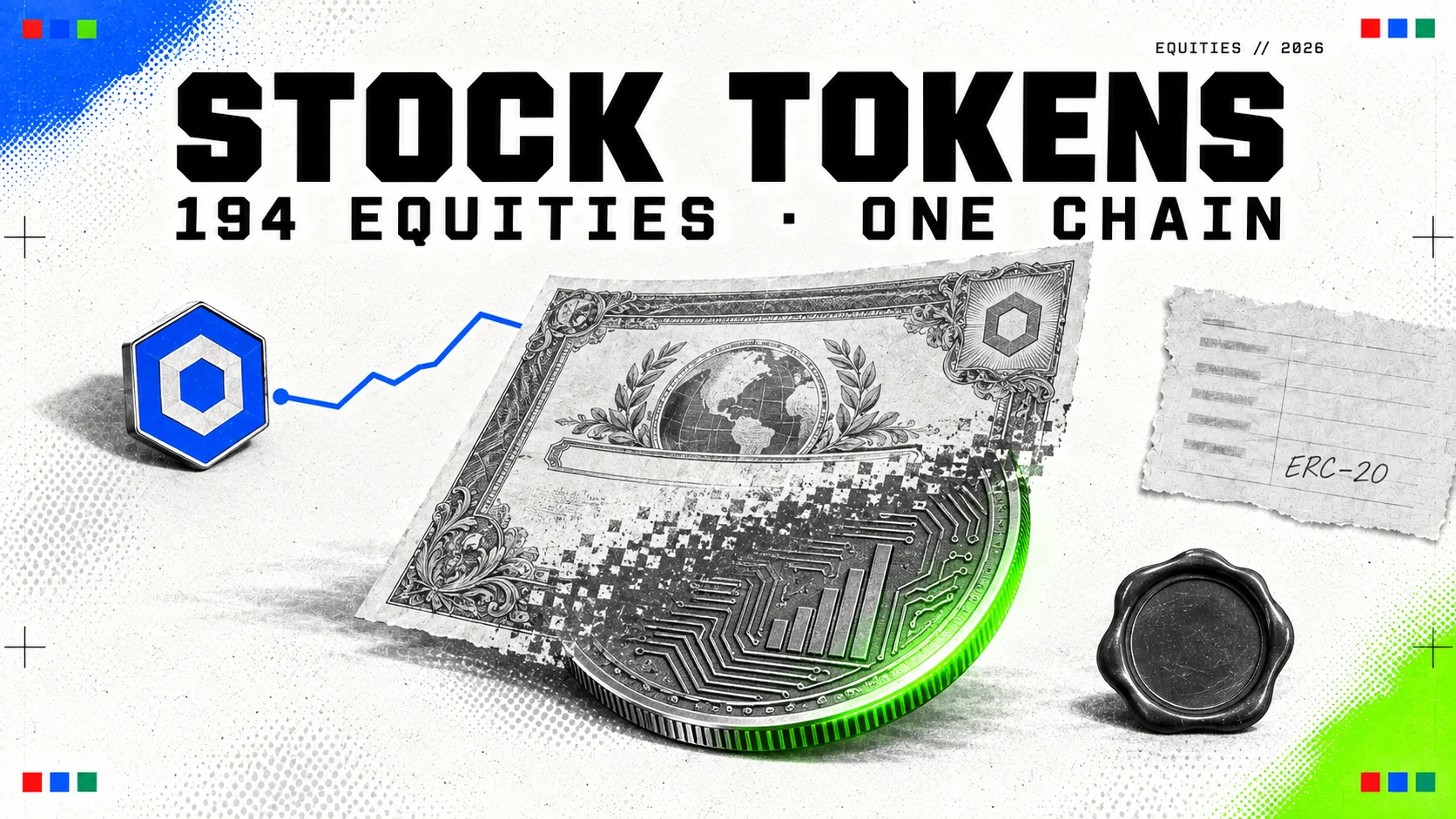 Editorial collage for stock tokens: an engraved share certificate dissolving into a minted coin with a green rim, a Chainlink hexagon pin feeding a blue price line, a wax seal and a torn note reading ERC-20, under the headline STOCK TOKENS and the line 194 equities, one chain.