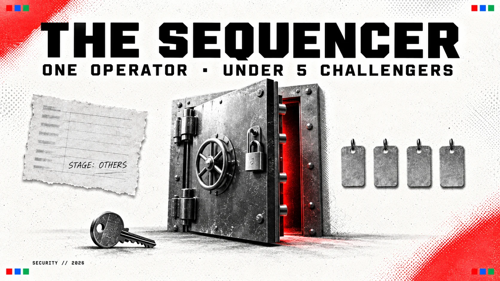 Editorial collage of a vault door standing ajar with a single padlock, four blank challenger tags hanging beside it and a torn note reading STAGE: OTHERS, under the headline THE SEQUENCER and the line one operator, under 5 challengers.