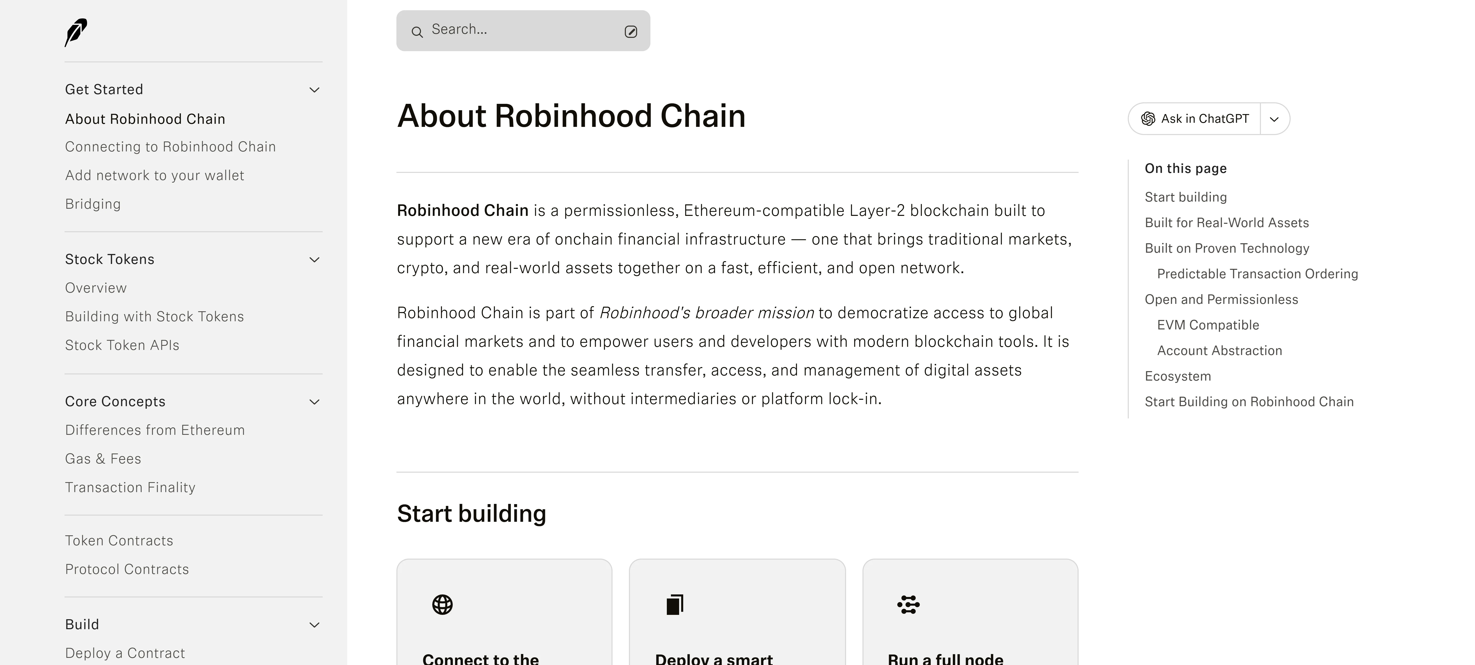 Robinhood Chain developer documentation, listing the chain as a permissionless Ethereum-compatible Layer 2 built on Arbitrum Dedicated Blockchains, using ETH as its gas token, with a first-come first-served sequencing model and a table of ecosystem partners.