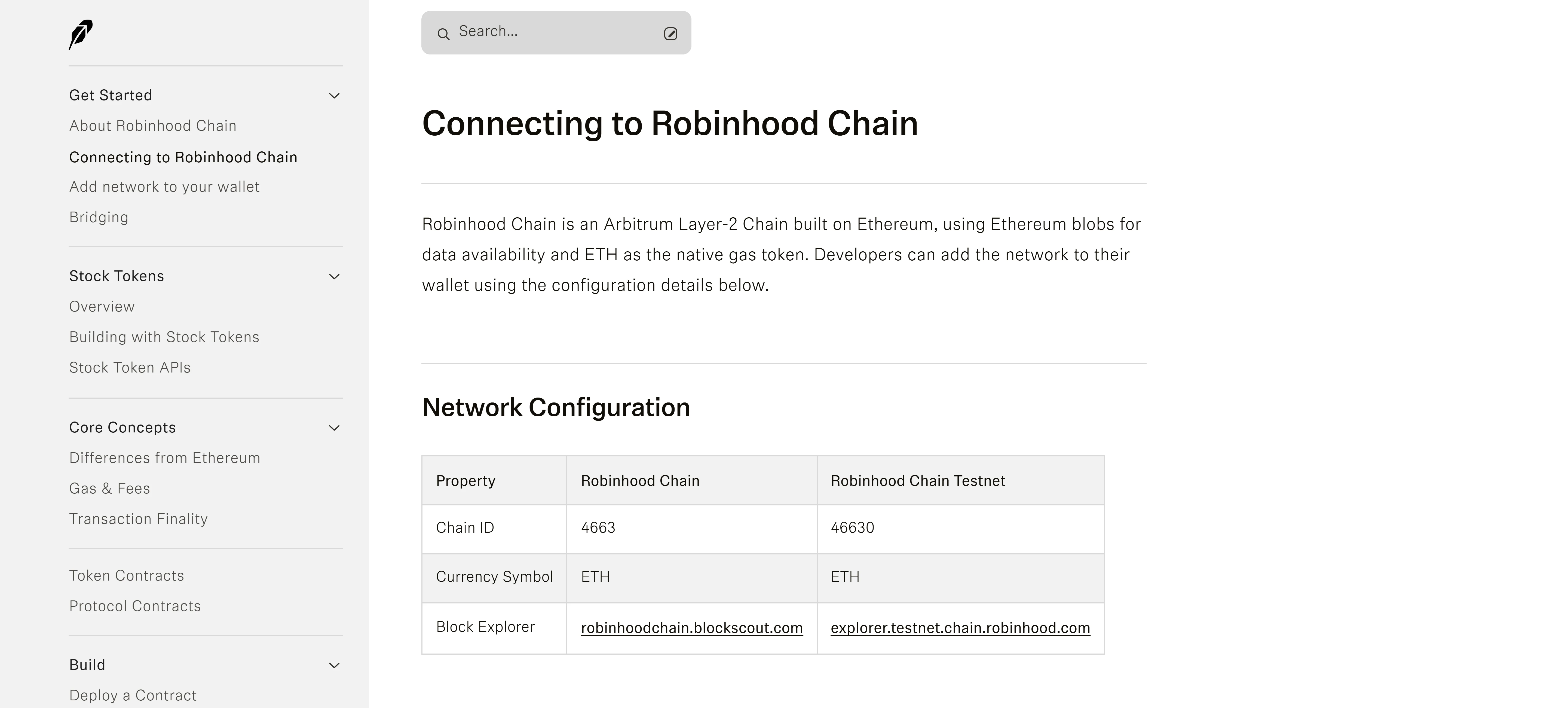 Robinhood Chain connection documentation, listing chain ID 4663 for mainnet and 46630 for testnet, ETH as the currency symbol, the Blockscout explorer, Alchemy endpoints and the public rate-limited RPC at rpc.mainnet.chain.robinhood.com.