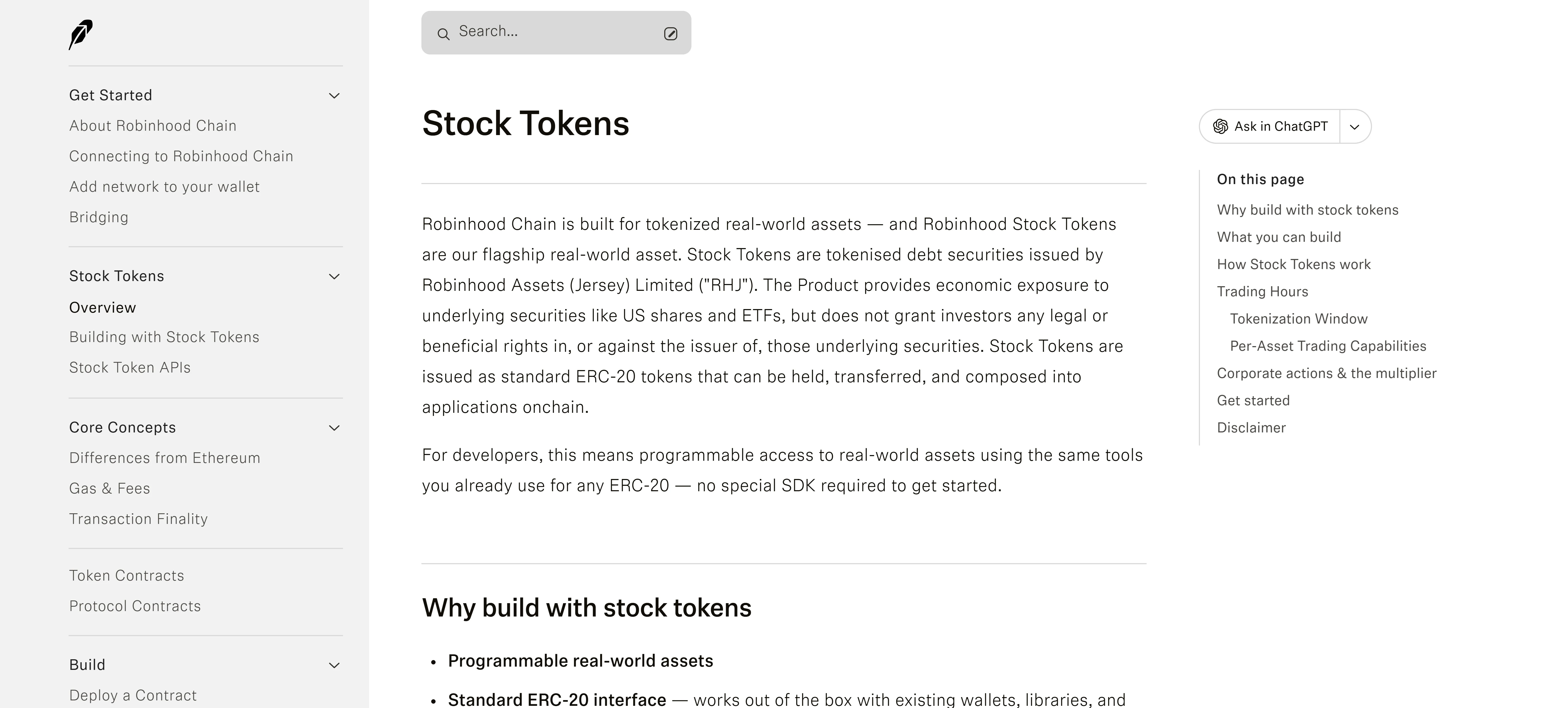 Robinhood stock tokens documentation, describing them as tokenised debt securities issued by Robinhood Assets Jersey Limited, as standard ERC-20 contracts with 18 decimals priced by per-asset Chainlink feeds, with the tokenisation window and the uiMultiplier function for corporate actions.