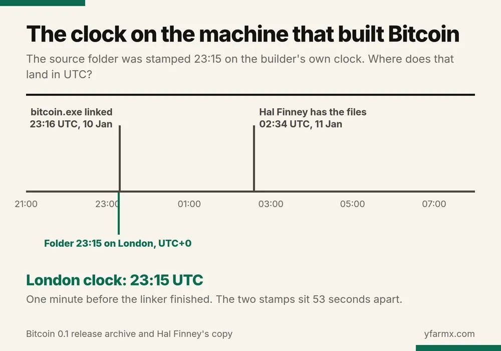 Animated timeline from 21:00 on 10 January to 08:00 on 11 January 2009 UTC, with fixed markers for bitcoin.exe built at 23:16 UTC and Hal Finney holding the files at 02:34 UTC. A marker for the source folder's 23:15 stamp moves as the clock changes: on a London clock it lands at 23:15 UTC, one minute before the build; on a New York clock at 04:15 UTC and on a Los Angeles clock at 07:15 UTC, both after Finney had the files. The final frame shades every time before 02:34 UTC and states that the builder's clock was at most 3 hours 19 minutes behind UTC.