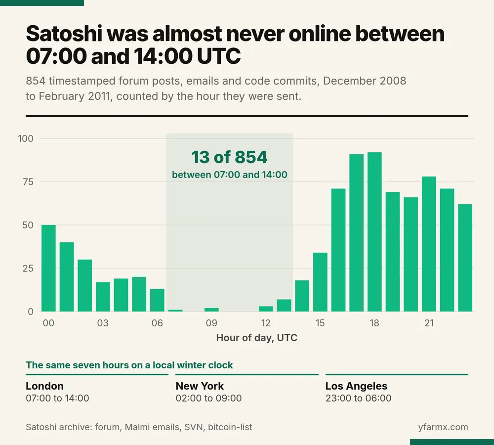 Bar chart of Satoshi Nakamoto's 854 timestamped forum posts, emails and code commits by hour of day in UTC. Activity peaks at 91 and 92 events in the 17:00 and 18:00 hours and falls almost to zero between 07:00 and 14:00 UTC, where 13 events fall in seven hours. The same gap in local winter time runs from 07:00 to 14:00 in London, 02:00 to 09:00 in New York and 23:00 to 06:00 in Los Angeles.