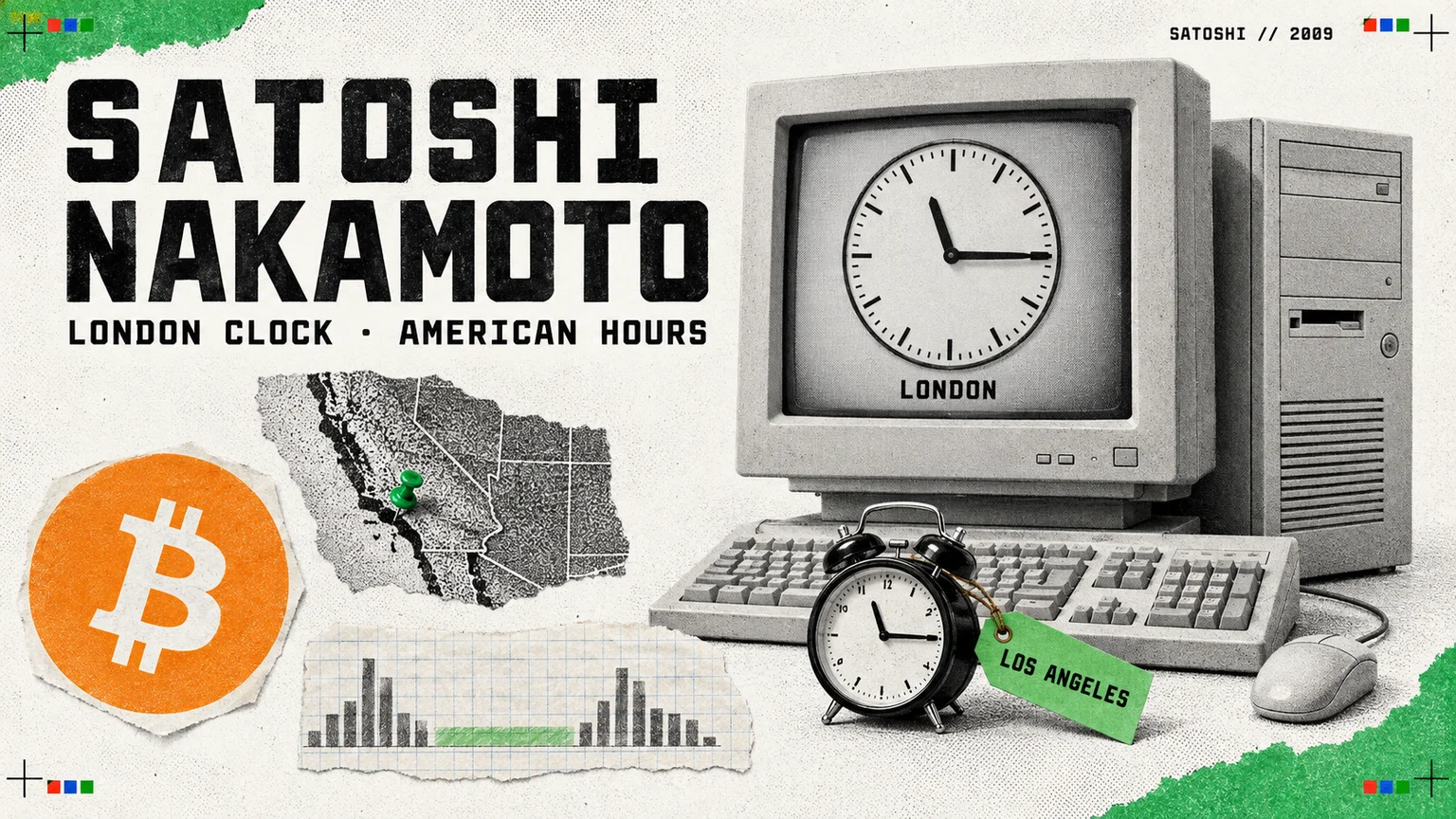 Editorial collage of a 2009 desktop computer whose screen shows a clock labelled London, an alarm clock tagged Los Angeles, a torn map of California with a green pin, a pencil activity chart and the Bitcoin logo, headed Satoshi Nakamoto, London clock, American hours