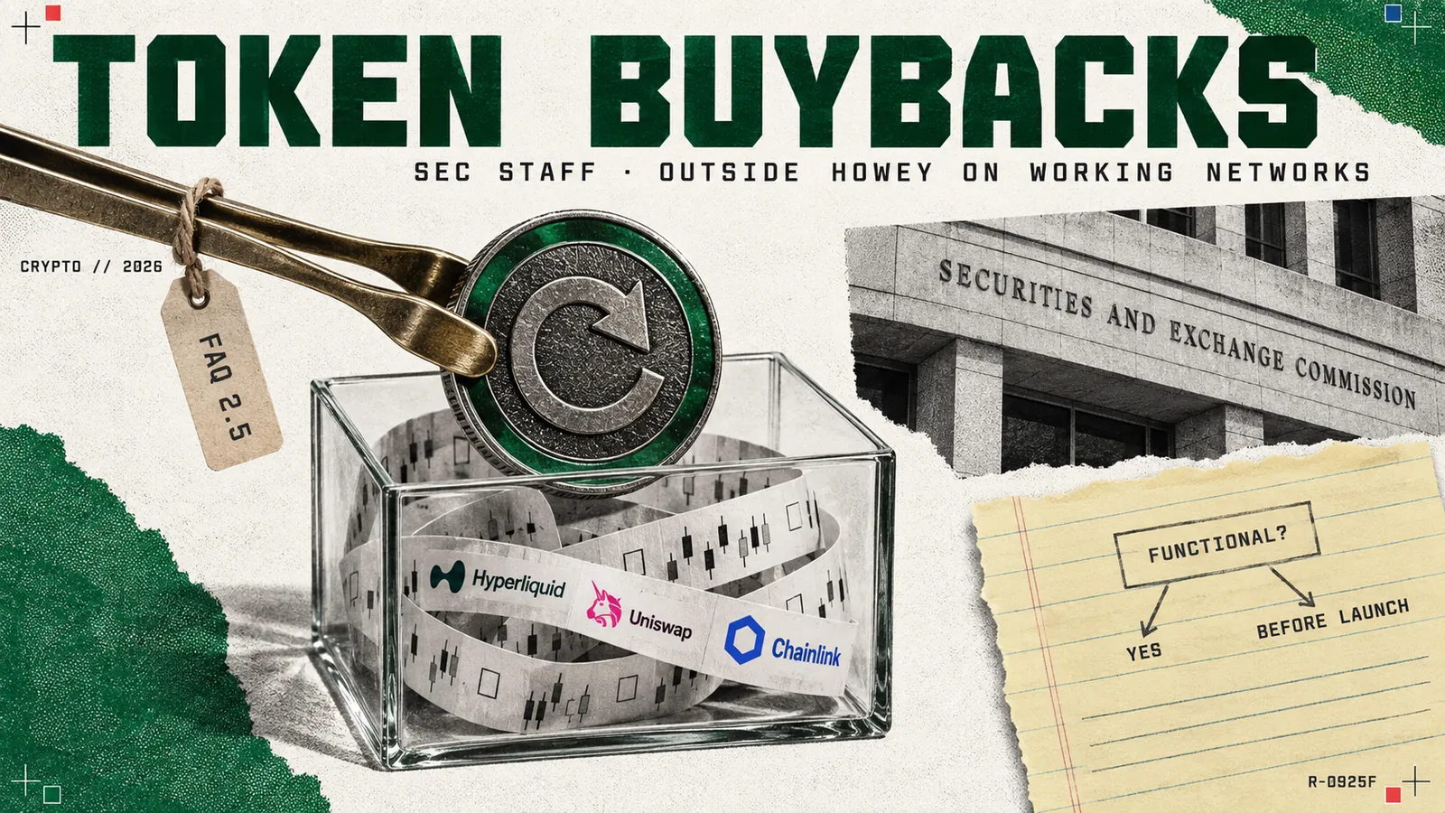 Editorial collage on off-white newsprint with green corner blocks: a large black-and-white crypto coin with a green rim lifted by brass tongs from a curl of market ticker tape into a clear glass box, headlined TOKEN BUYBACKS, SEC STAFF · OUTSIDE HOWEY ON WORKING NETWORKS, beside the engraved lintel of the Securities and Exchange Commission building, a pencilled flowchart reading FUNCTIONAL? YES and BEFORE LAUNCH, and the Hyperliquid, Uniswap and Chainlink logos on the tape.