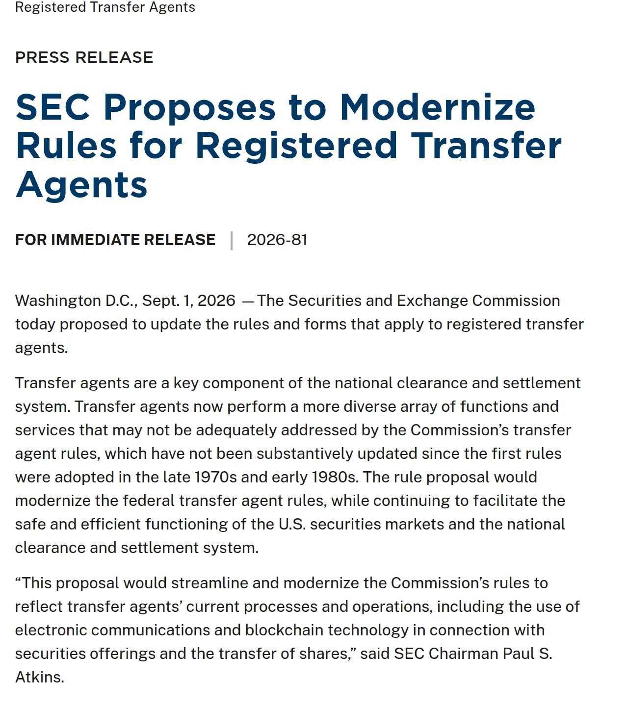Screenshot of the SEC press release of 1 September 2026, headed SEC Proposes to Modernize Rules for Registered Transfer Agents, release 2026-81, including the quote from Chairman Paul S. Atkins about reflecting the use of electronic communications and blockchain technology.