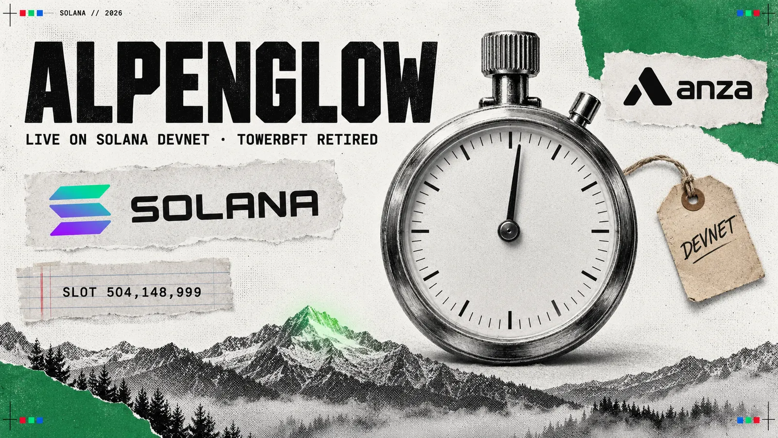 Editorial collage of a large steel stopwatch in front of a halftone alpine peak whose summit glows green, with the Solana and Anza logos, a torn paper strip reading slot 504,148,999 and a tag reading devnet, headed Alpenglow: live on Solana devnet, TowerBFT retired
