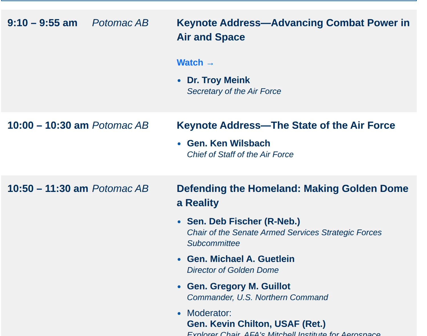 AFA 2026 conference agenda showing the 9.10 to 9.55am keynote 'Advancing Combat Power in Air and Space' by Dr Troy Meink, Secretary of the Air Force, in Potomac AB, followed by the Chief of Staff keynote and a Golden Dome panel.