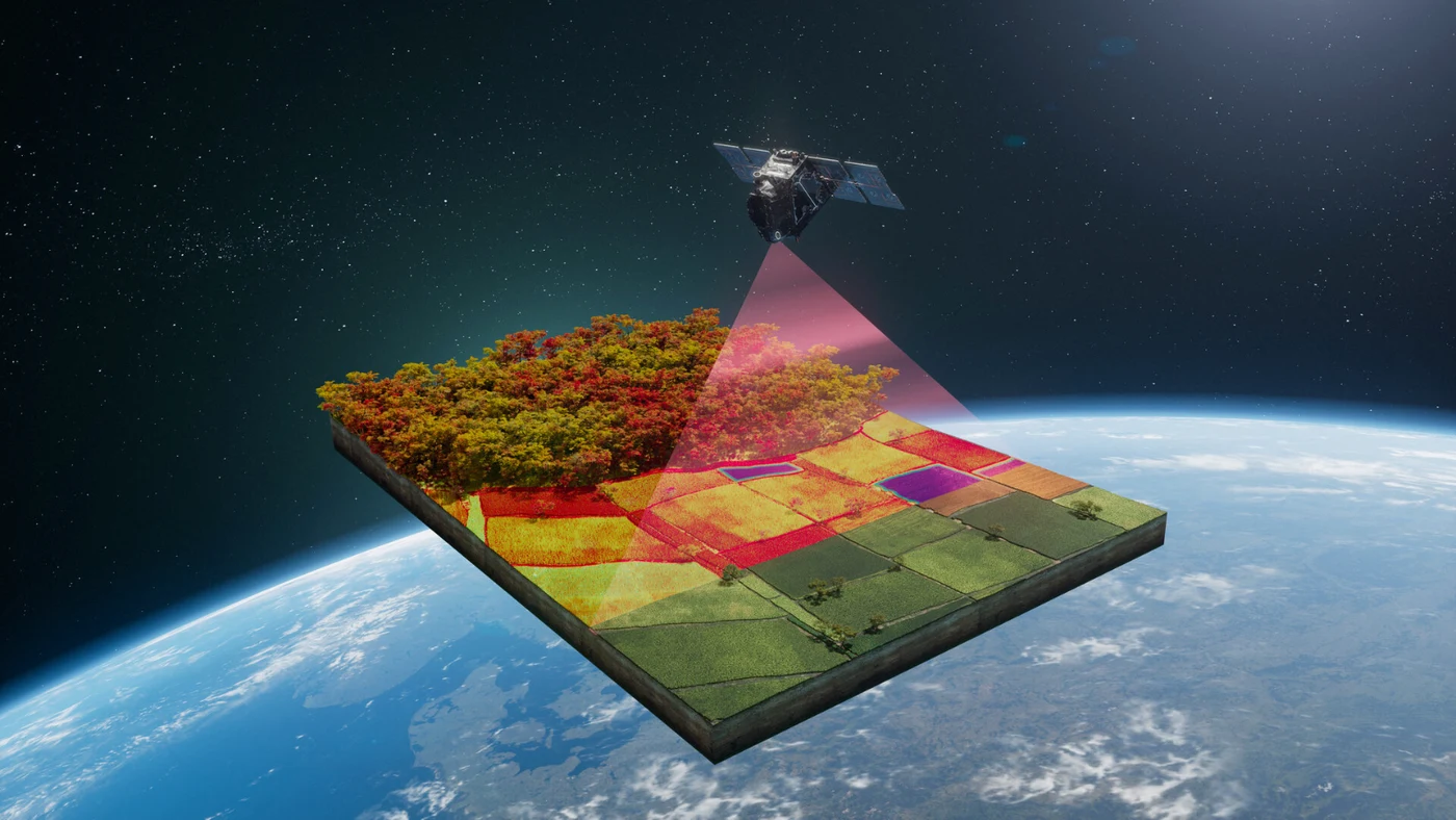 ESA illustration of FLEX observing fields and forest, with colours representing different fluorescence signals.