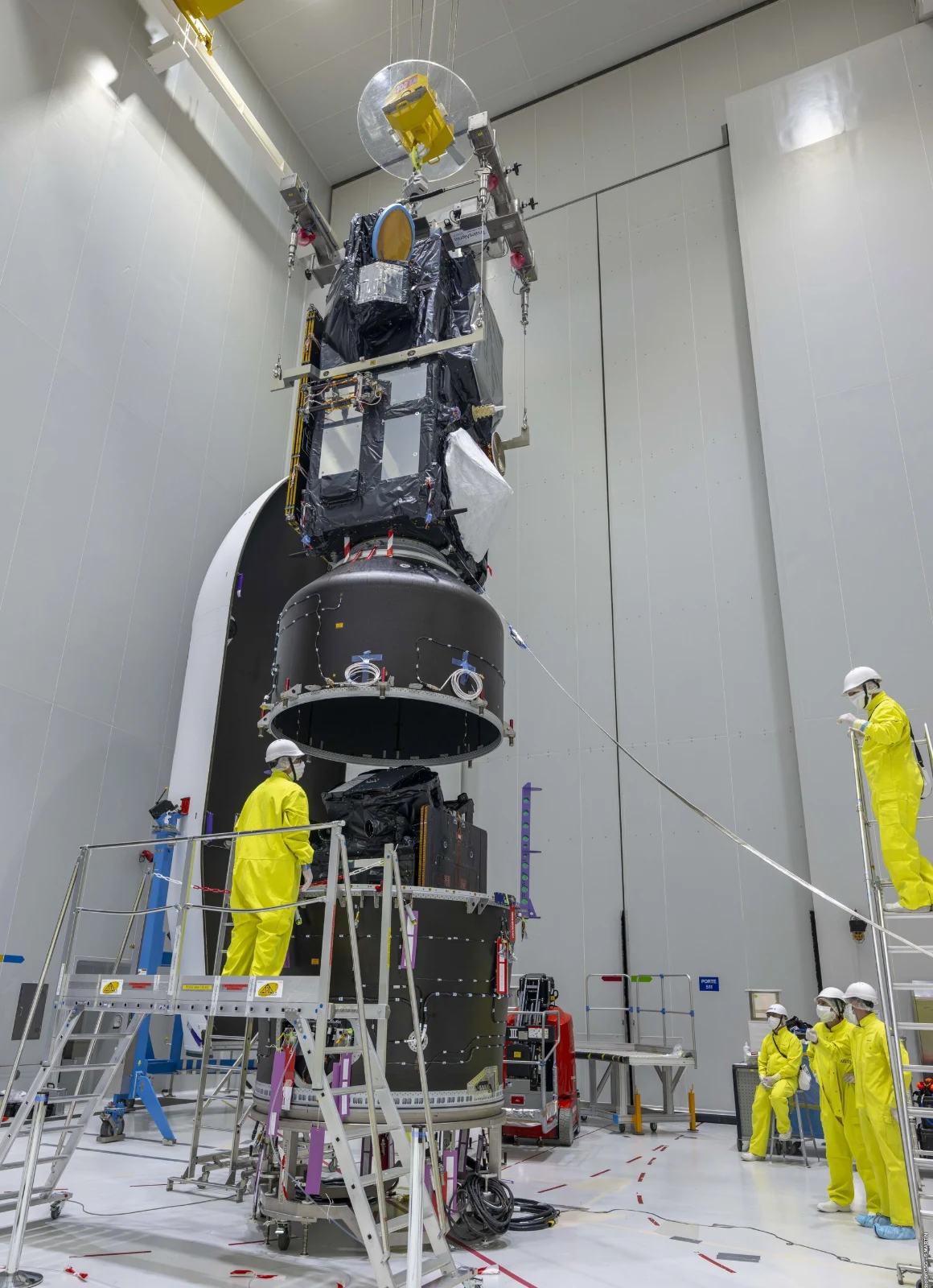 FLEX below the Vespa adapter and Sentinel-3C above it during launch preparations in French Guiana.