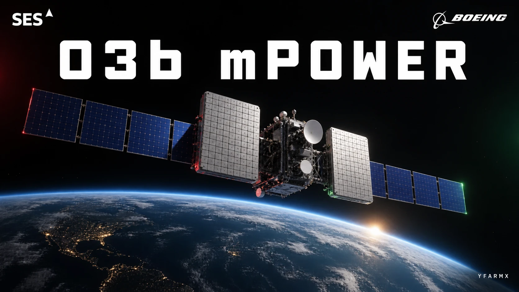 Conceptual editorial illustration of a communications satellite above Earth, with SES and Boeing branding.