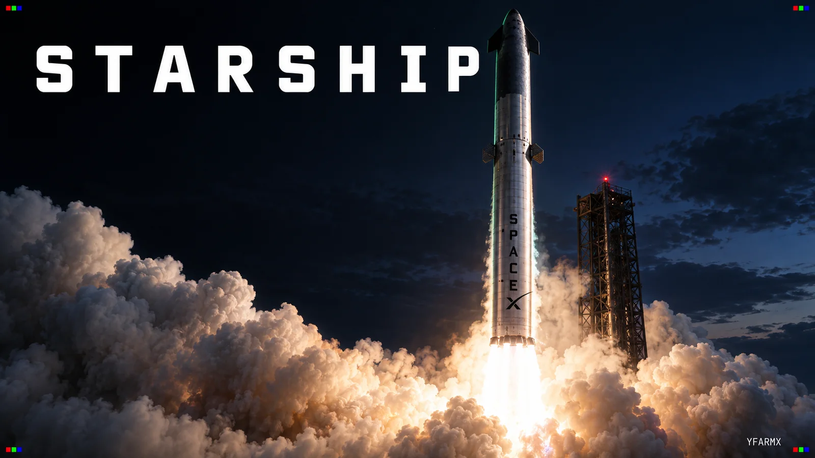 Editorial illustration of SpaceX's Starship lifting off at dusk beside its launch tower, the SpaceX name down the side of the steel booster, engines lighting a wall of white exhaust cloud, under the headline STARSHIP.