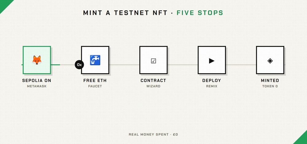 Diagram of the five stops from MetaMask on Sepolia through faucet, wizard and Remix to a minted token numbered 0.