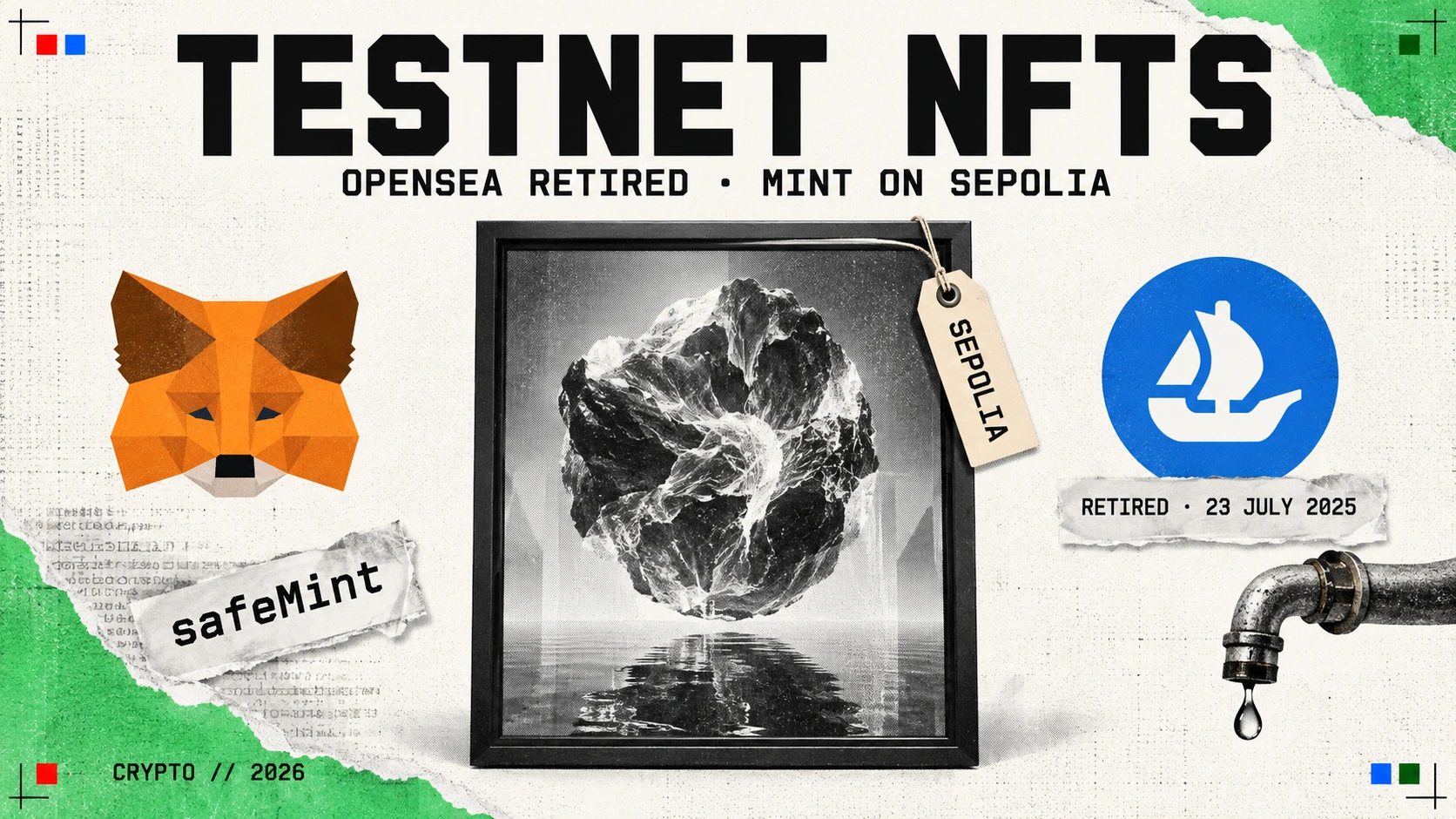 Editorial collage: a huge monospaced headline TESTNET NFTS over OPENSEA RETIRED · MINT ON SEPOLIA, a framed black-and-white artwork with a SEPOLIA tag, the MetaMask fox, the OpenSea mark tagged RETIRED · 23 JULY 2025, a safeMint code scrap and a dripping tap, on off-white newsprint with green corner blocks.