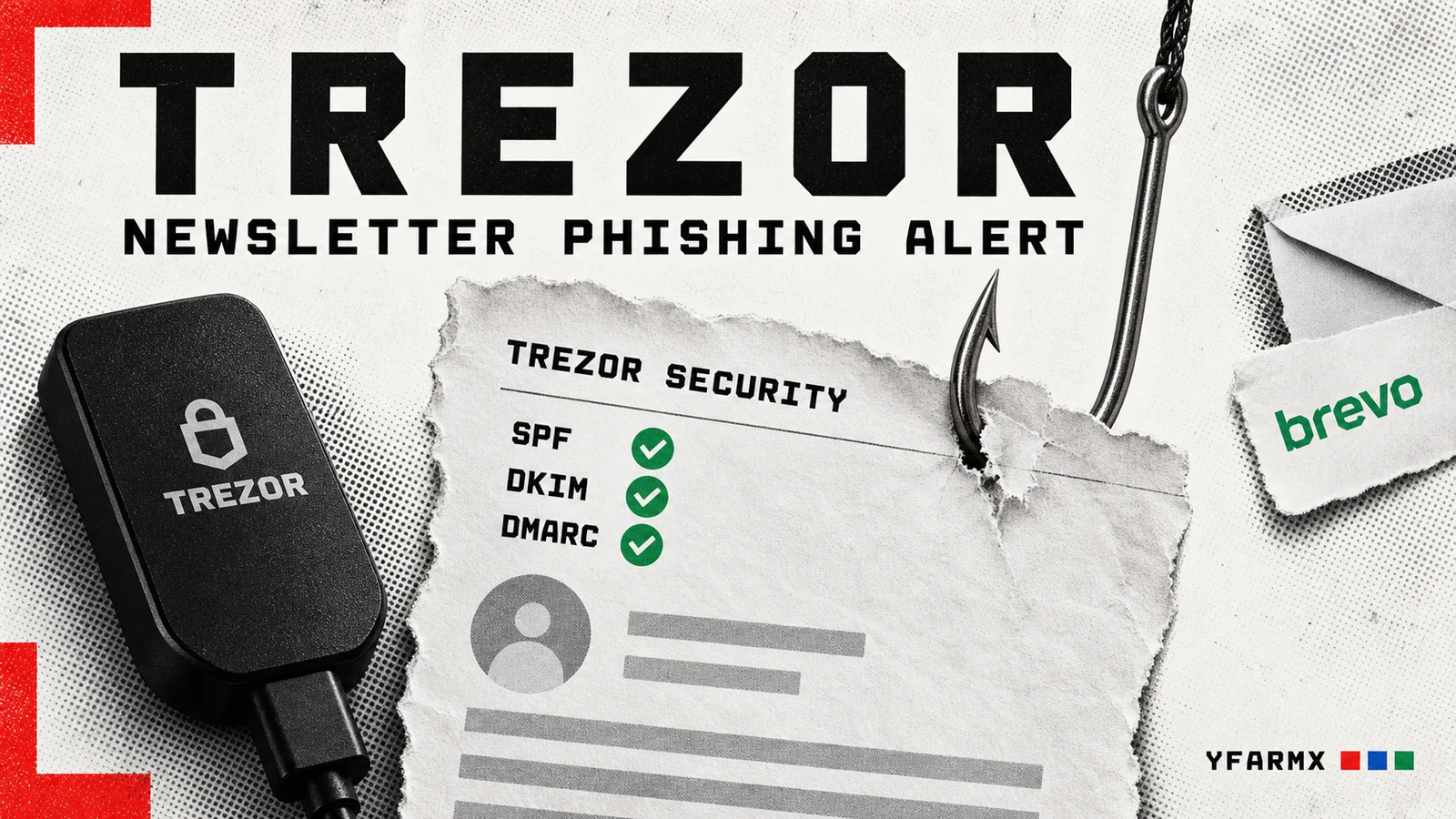 Editorial illustration of a fishing hook through a Trezor-themed email, beside a hardware wallet and Brevo wordmark.