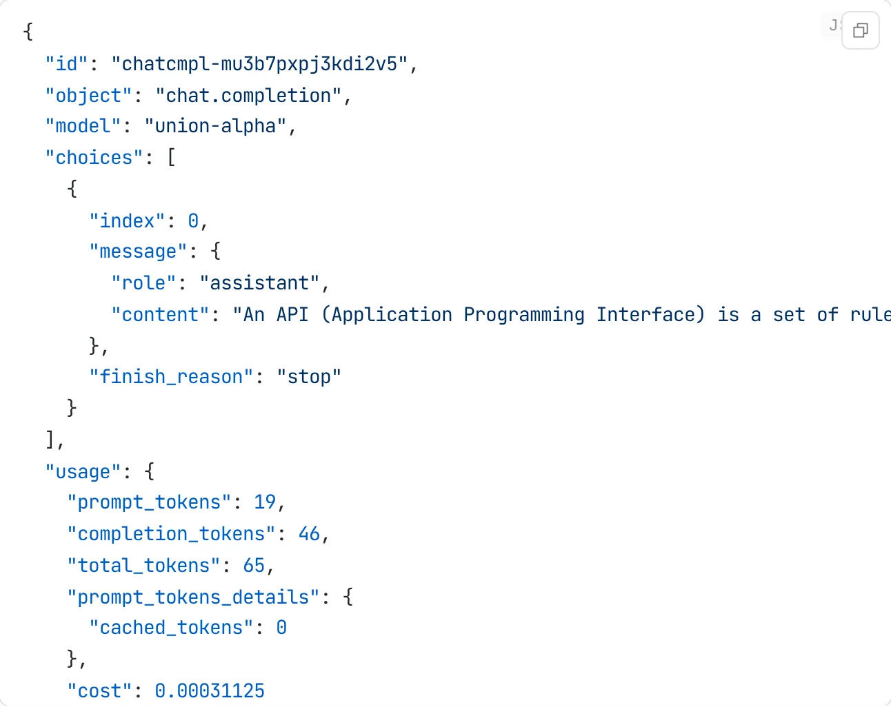 A worked example on Cloudflare's Union Alpha model page, showing the raw response JSON with the completion id chatcmpl-mu3b7pxpj3kdi2v5, a usage block reading 19 prompt tokens, 46 completion tokens, 65 total tokens, and a cost field of 0.00031125 dollars.