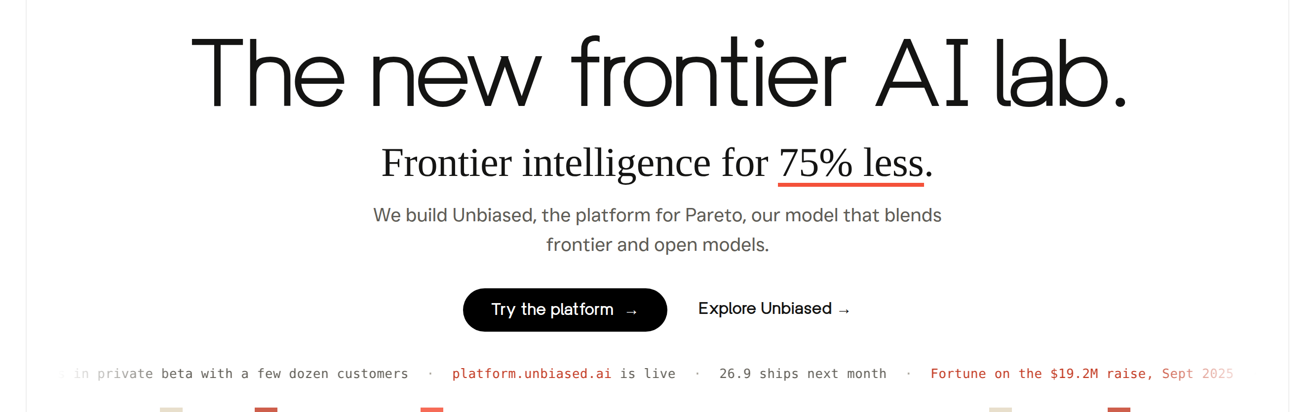 Circuit and Chisel's home page reading The new frontier AI lab, Frontier intelligence for 75 per cent less, and We build Unbiased, the platform for Pareto, our model that blends frontier and open models, above a ticker noting a private beta with a few dozen customers