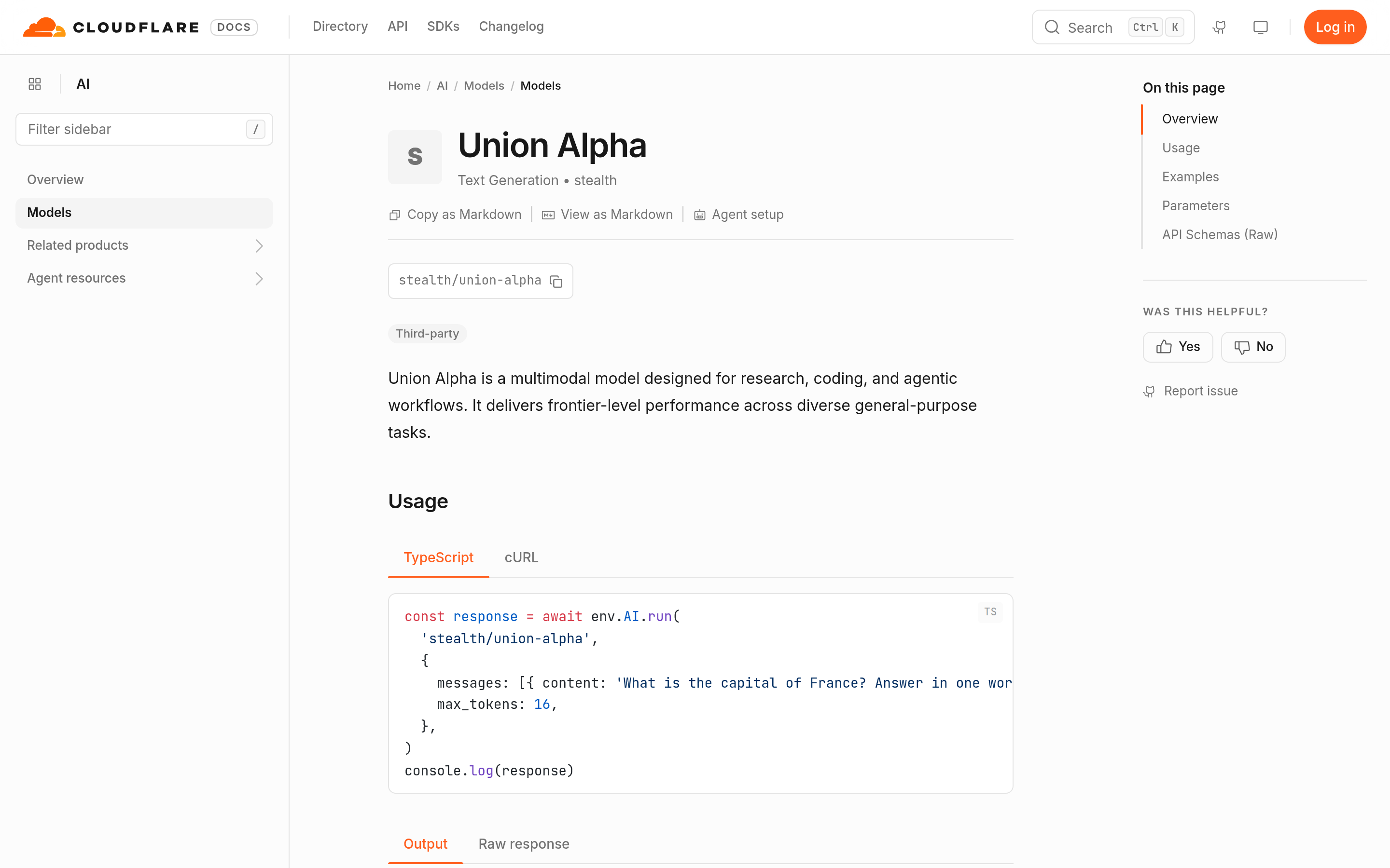 Cloudflare's developer documentation page for stealth slash union-alpha, tagged Third-party, carrying the replacement description that calls it a multimodal model designed for research, coding and agentic workflows, above a TypeScript usage example