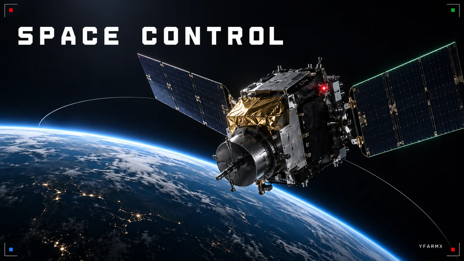 Dark editorial illustration: a military satellite in high-contrast relief above the curve of the earth, with a thin orbital arc and the words SPACE CONTROL.