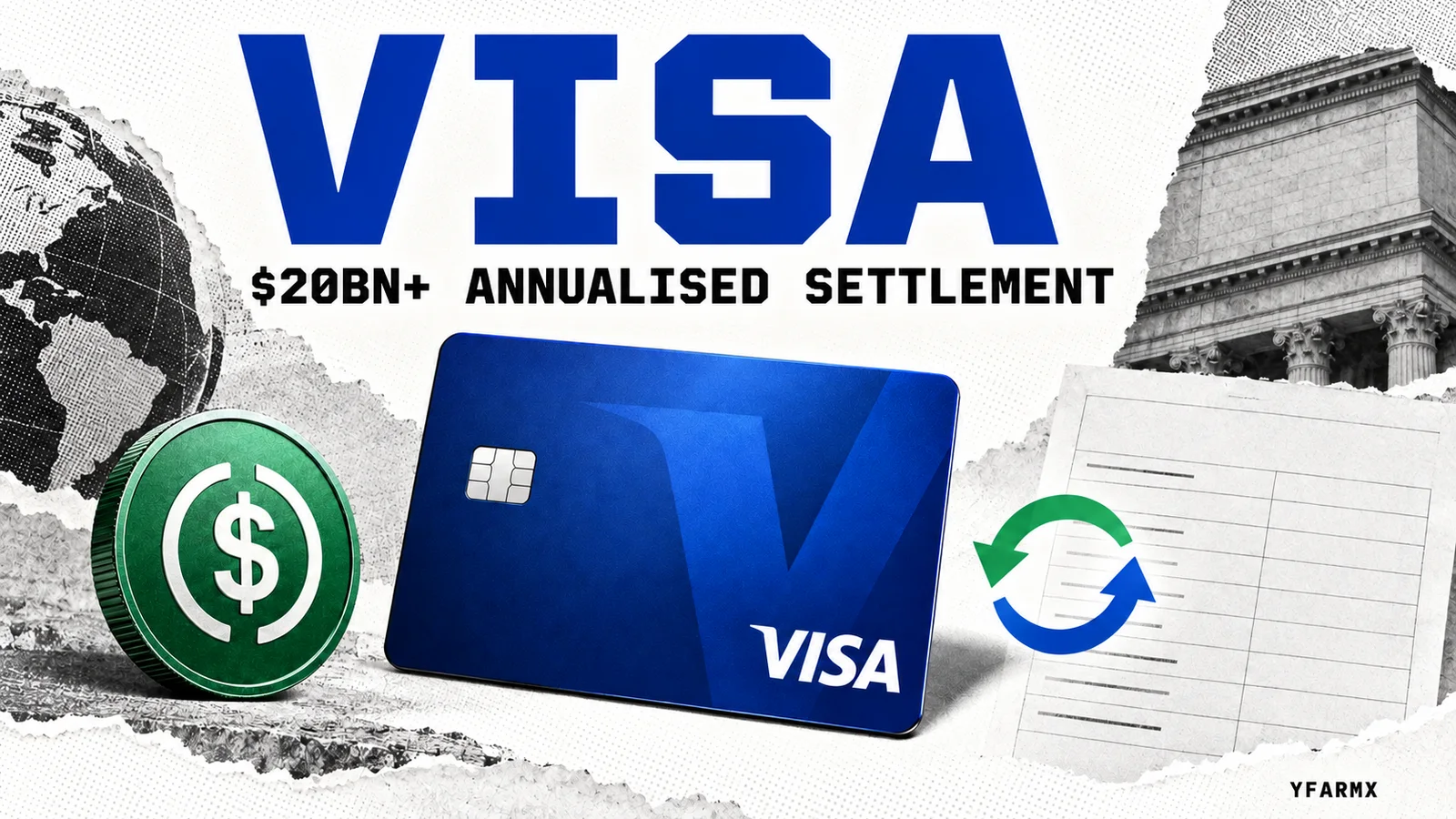 Editorial illustration of a Visa card, dollar stablecoin and settlement ledger on bright newsprint.