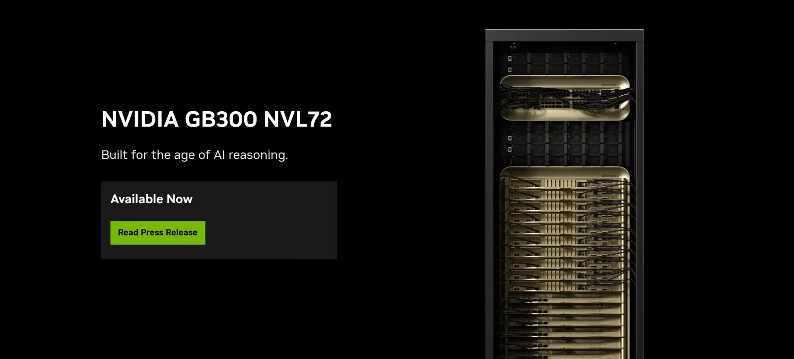 Nvidia's product page for the GB300 NVL72, showing a tall black and gold server rack lit against a black background beside the heading NVIDIA GB300 NVL72, Built for the age of AI reasoning, Available Now.