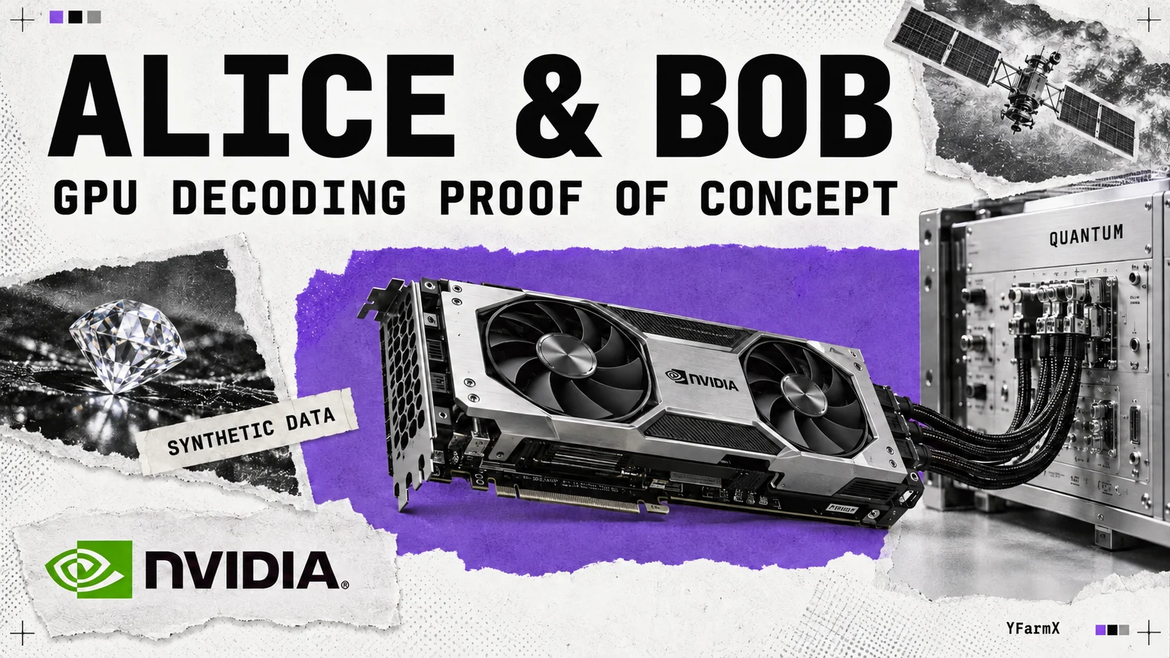 Editorial collage of a GPU and quantum controller, with a diamond and satellite representing related developments.