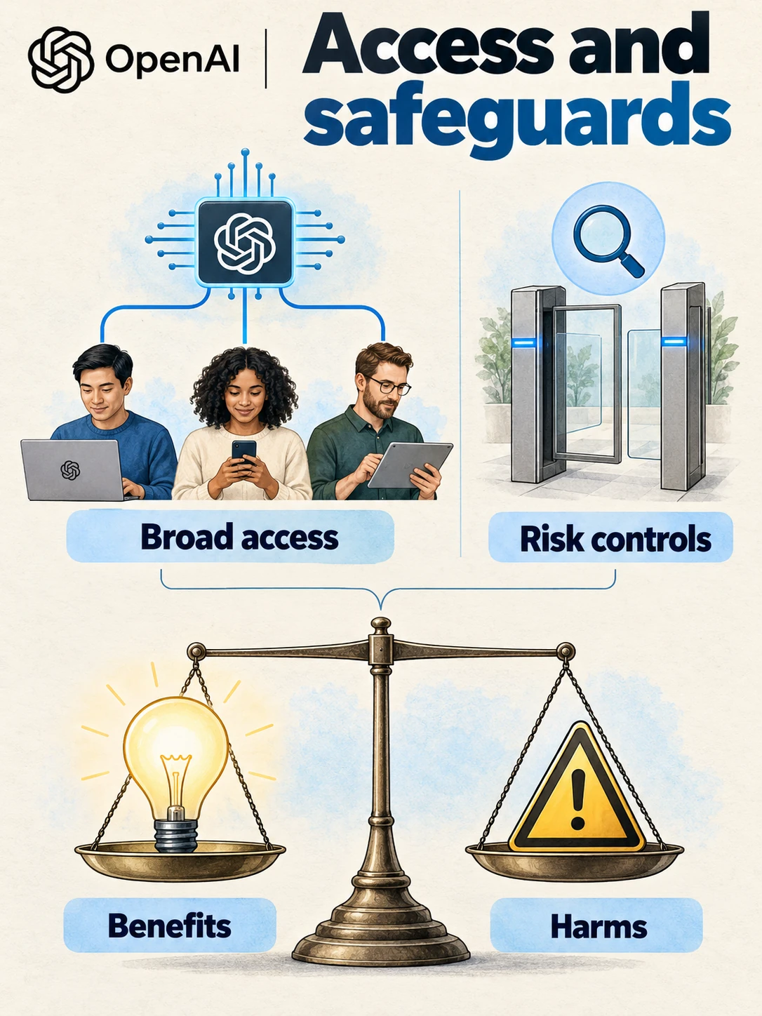 Conceptual balance diagram linking public access to AI with benefits, risks and safety controls.