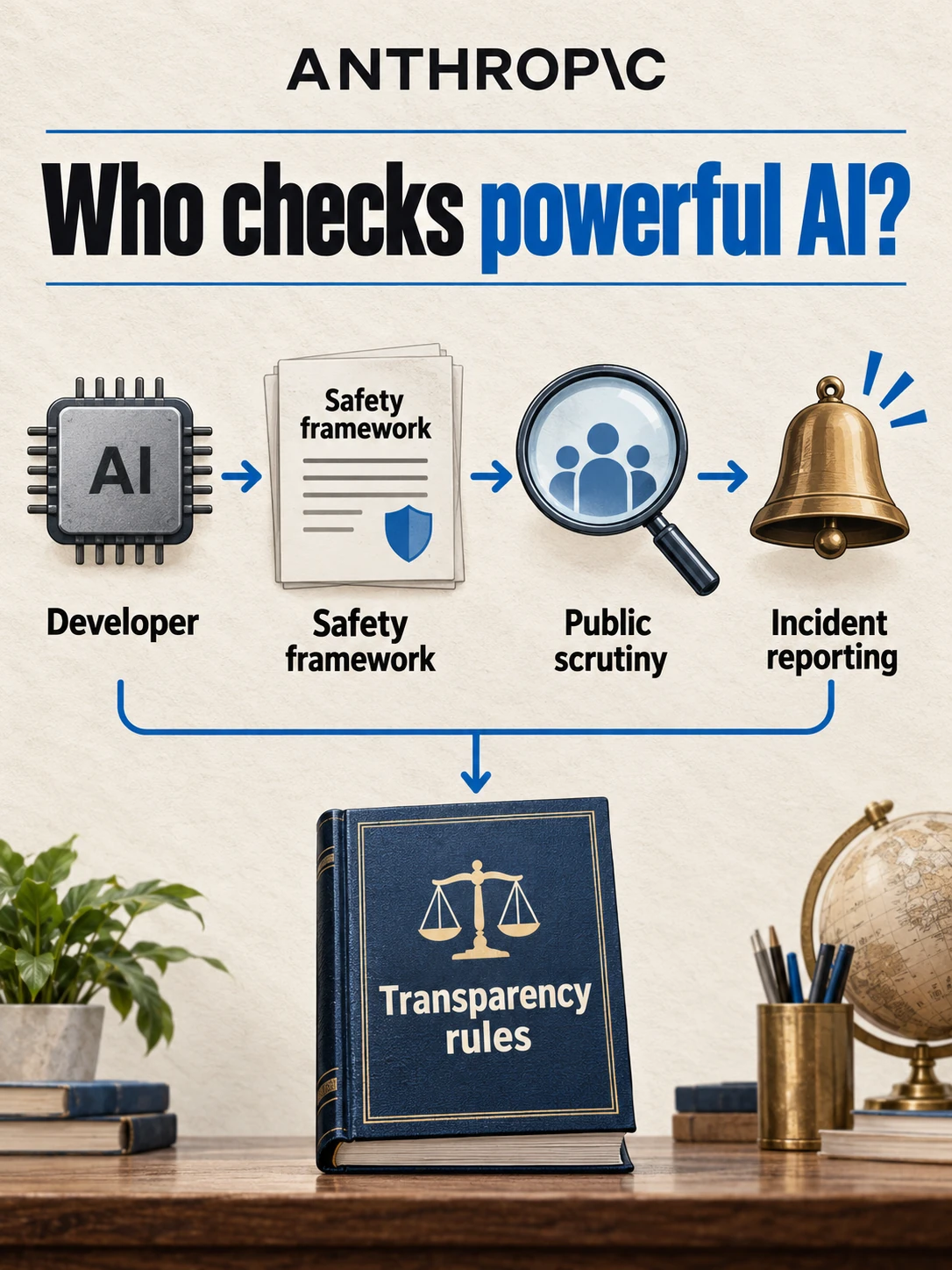 Conceptual diagram of an AI developer publishing a safety framework and reporting a critical incident to an oversight body.