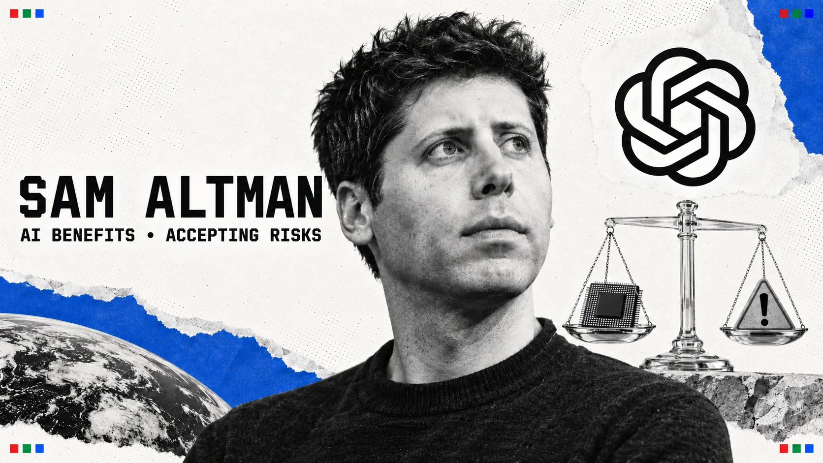 Editorial portrait of Sam Altman beside a balance scale representing AI benefits and risks, headed Sam Altman.