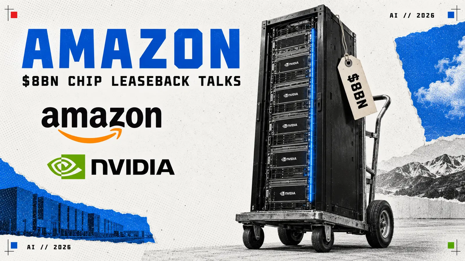 Editorial collage headed Amazon, with a tall rack of Nvidia servers on a hand truck as if being wheeled away, a price tag reading $8bn, and the Amazon and Nvidia logos; the subtitle reads $8bn chip leaseback talks.