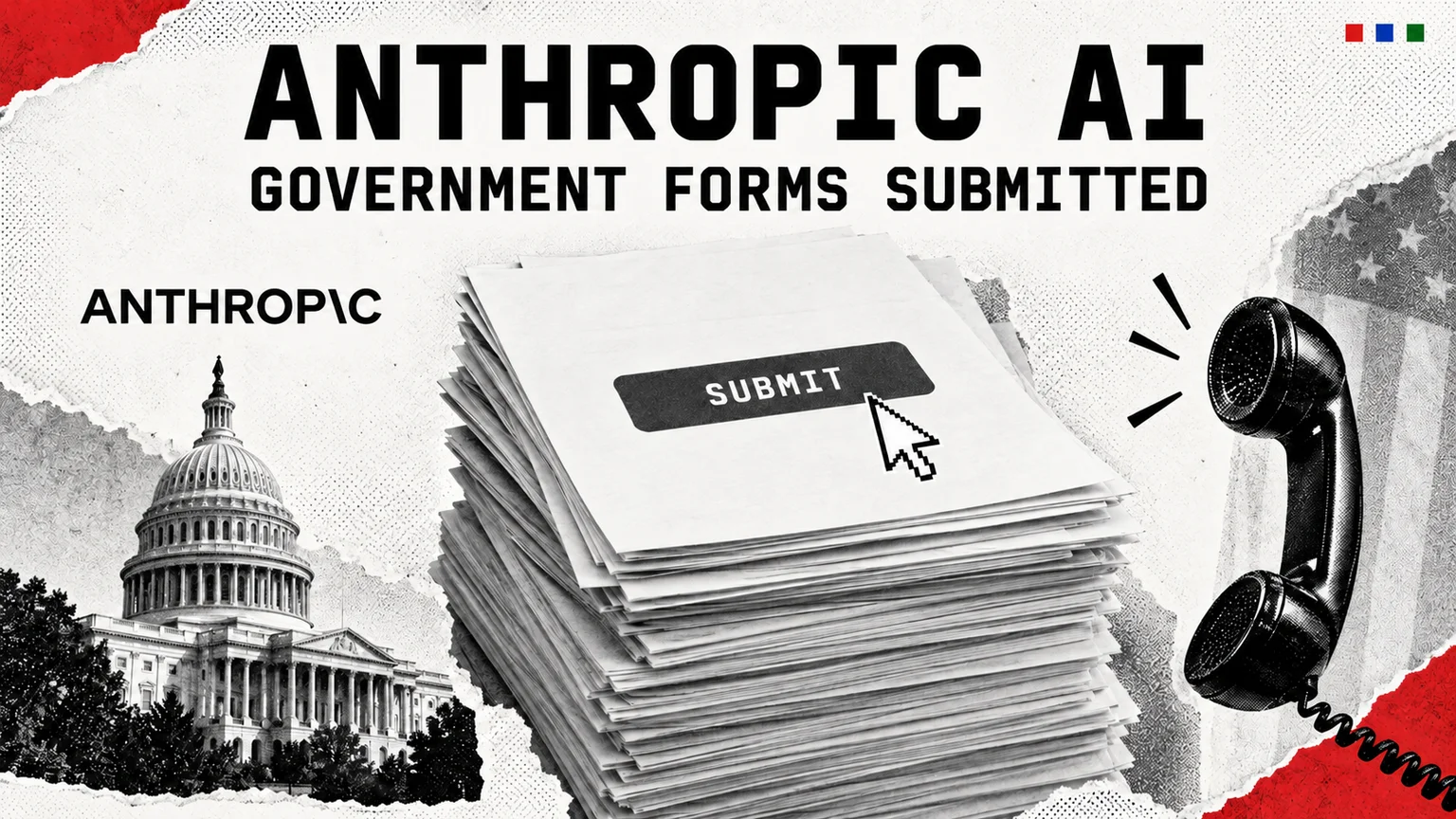 Editorial collage showing generic forms and a submit cursor beside an Anthropic wordmark and telephone.