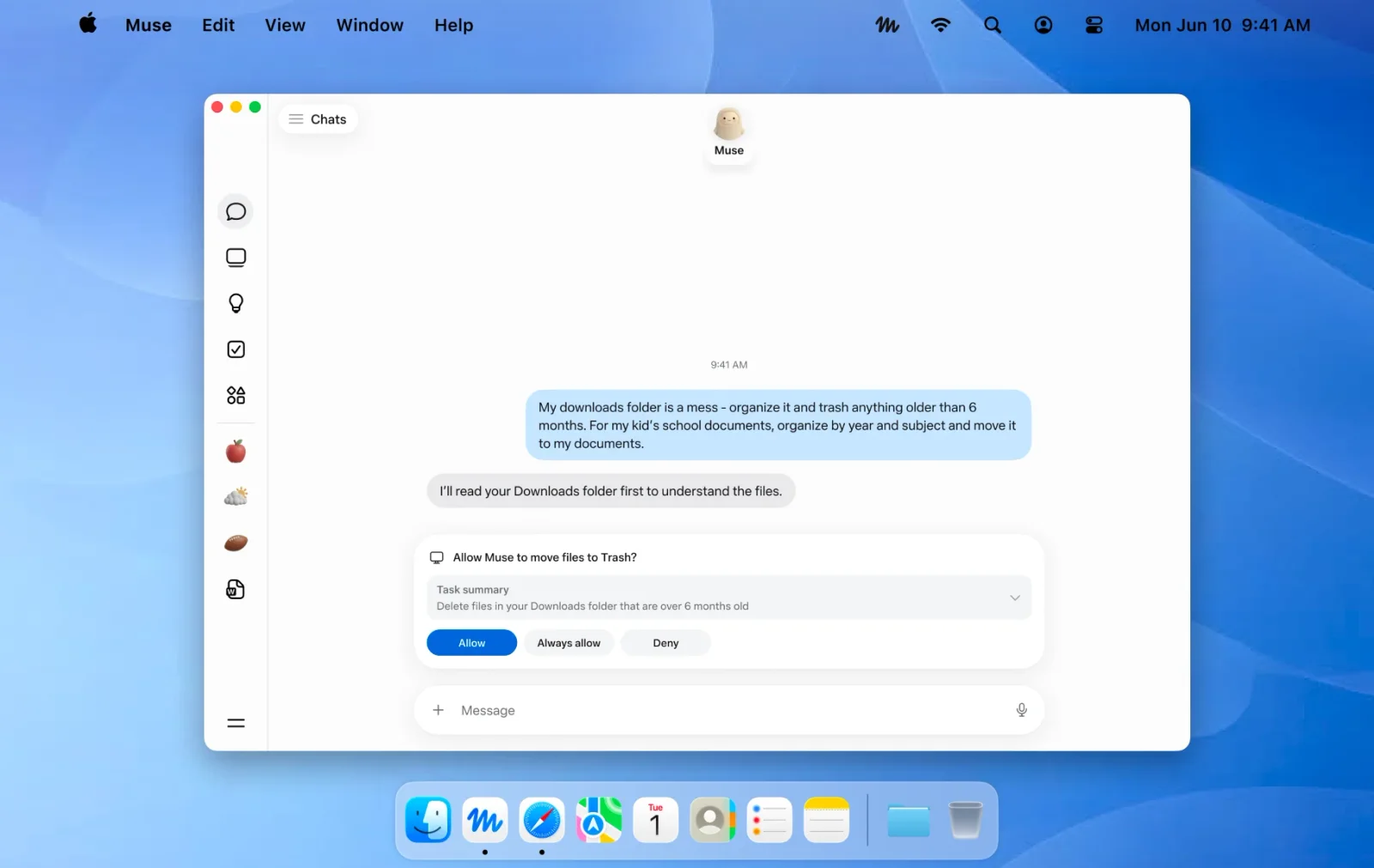 Meta's marketing image of the Muse app for Mac on a blue macOS desktop, with Muse in the menu bar and a dock below. In the Muse window a user asks Muse to tidy a messy Downloads folder, bin anything older than six months and sort a child's school documents by year and subject. Muse replies that it will read the Downloads folder first. Below sits Muse's own approval card, Allow Muse to move files to Trash?, with the task summary Delete files in your Downloads folder that are over 6 months old and three buttons: Allow, Always allow and Deny.