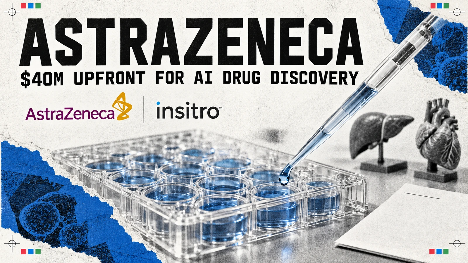 Editorial collage of laboratory cell cultures, liver and heart models, and AstraZeneca and insitro wordmarks.