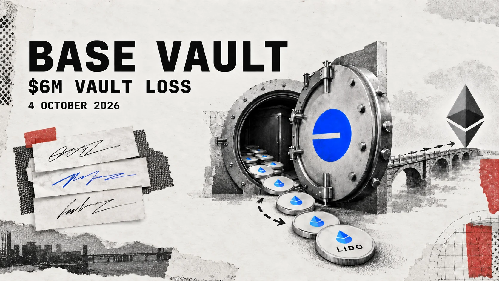 Editorial illustration of a Base vault, three signature slips and a token route towards Ethereum