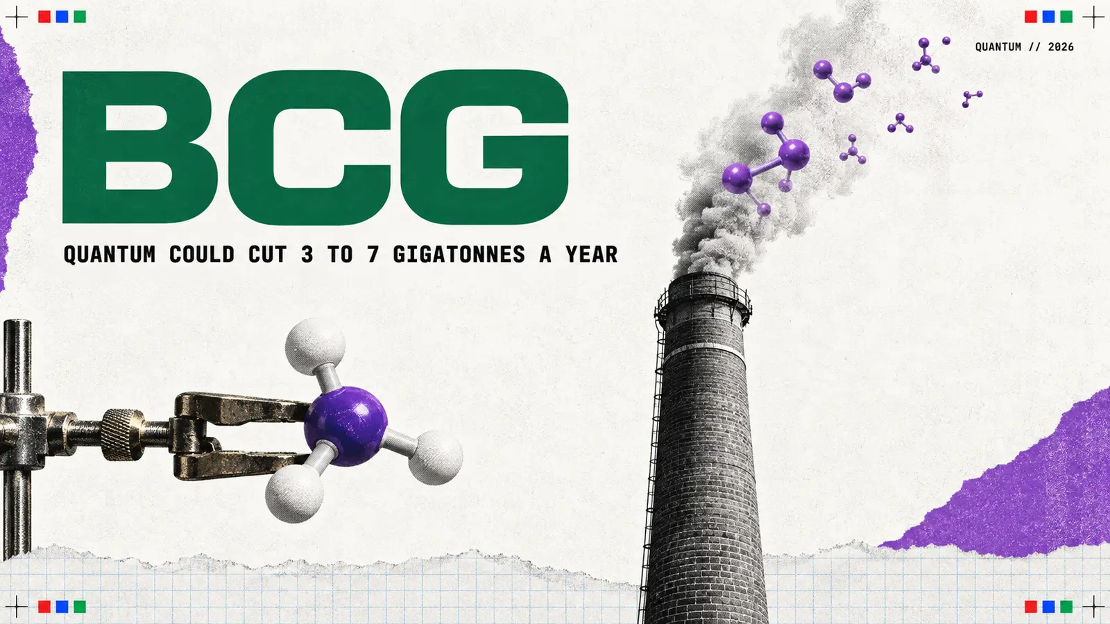 Editorial collage headed BCG, with a brick factory chimney whose smoke turns into purple ball-and-stick molecules, and a laboratory clamp holding an ammonia molecule model; the subtitle reads quantum could cut 3 to 7 gigatonnes a year.